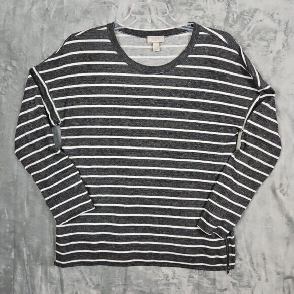 Loft Women's Gray White Zip Side Top  Lg top pullover long sleeve cotton blend - Picture 1 of 9